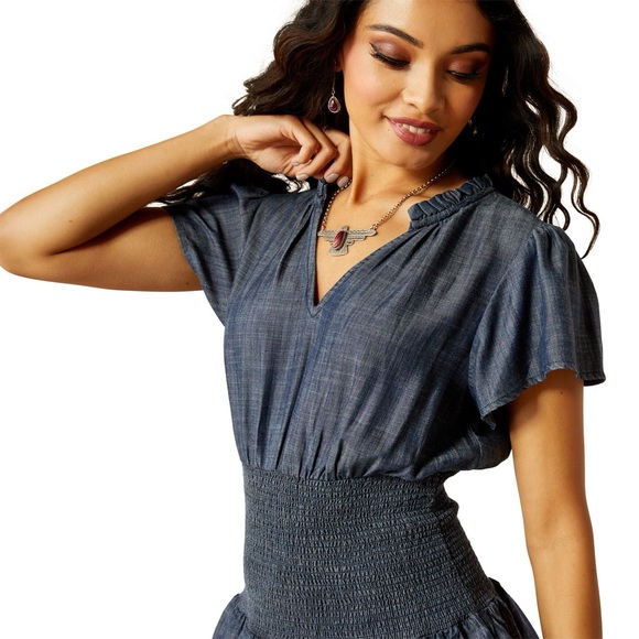 Ariat smocked dark denim ruffle dress. NWT - Picture 3 of 10